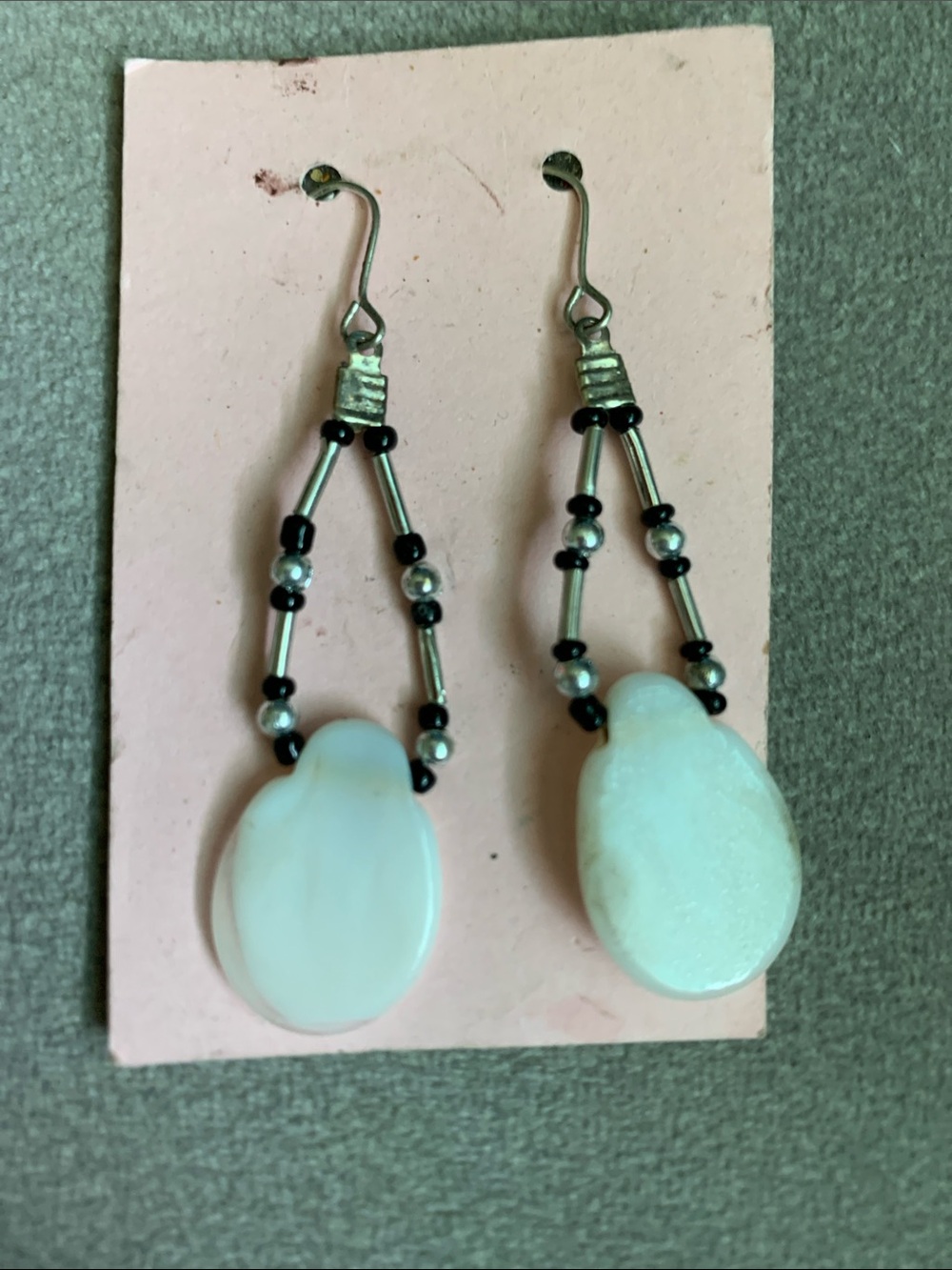 Handmade White Stone Drop Earrings with Black Bead Accents